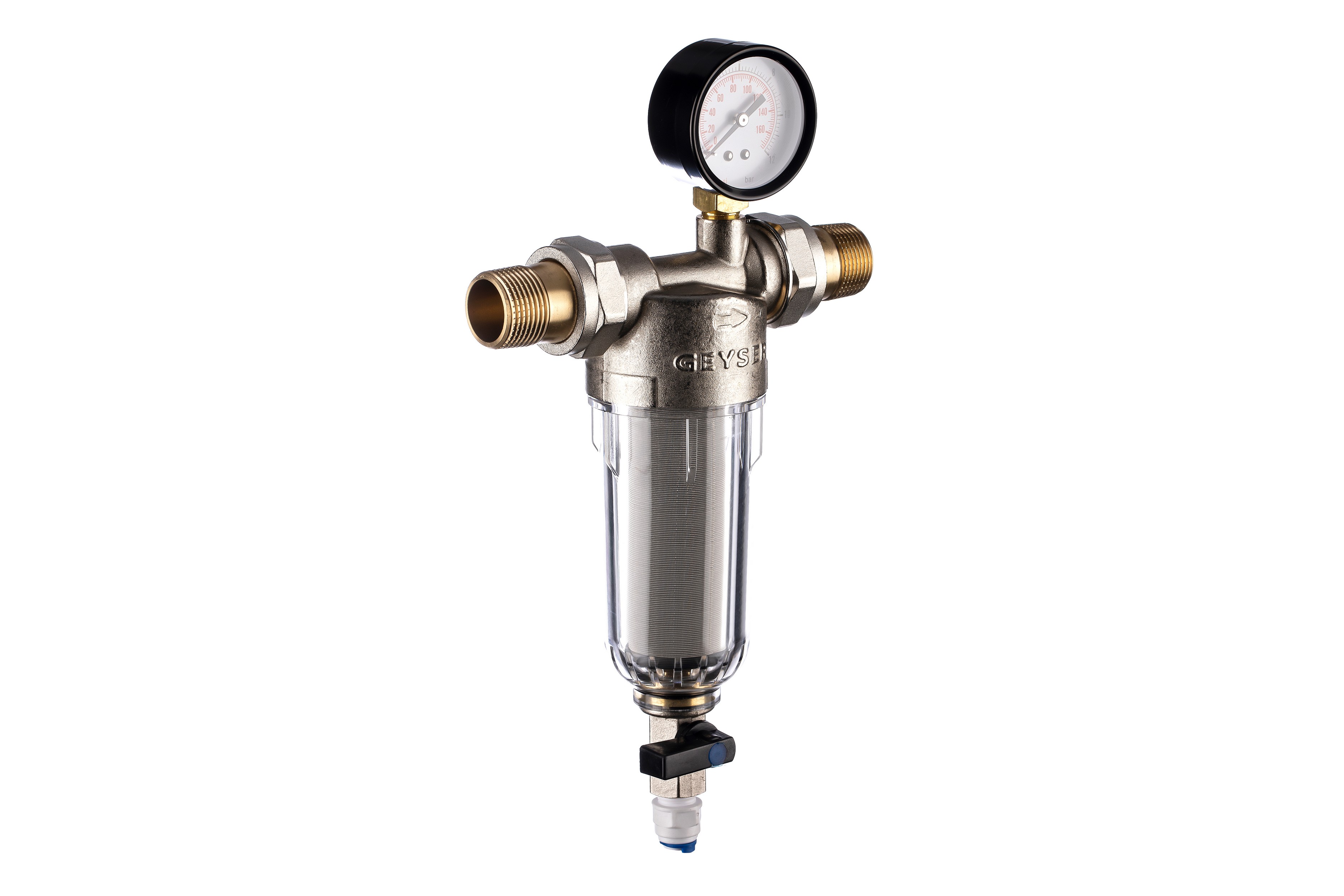 Магистральный сетчатый фильтр Гейзер Бастион 112 3/4 с манометром (d60)