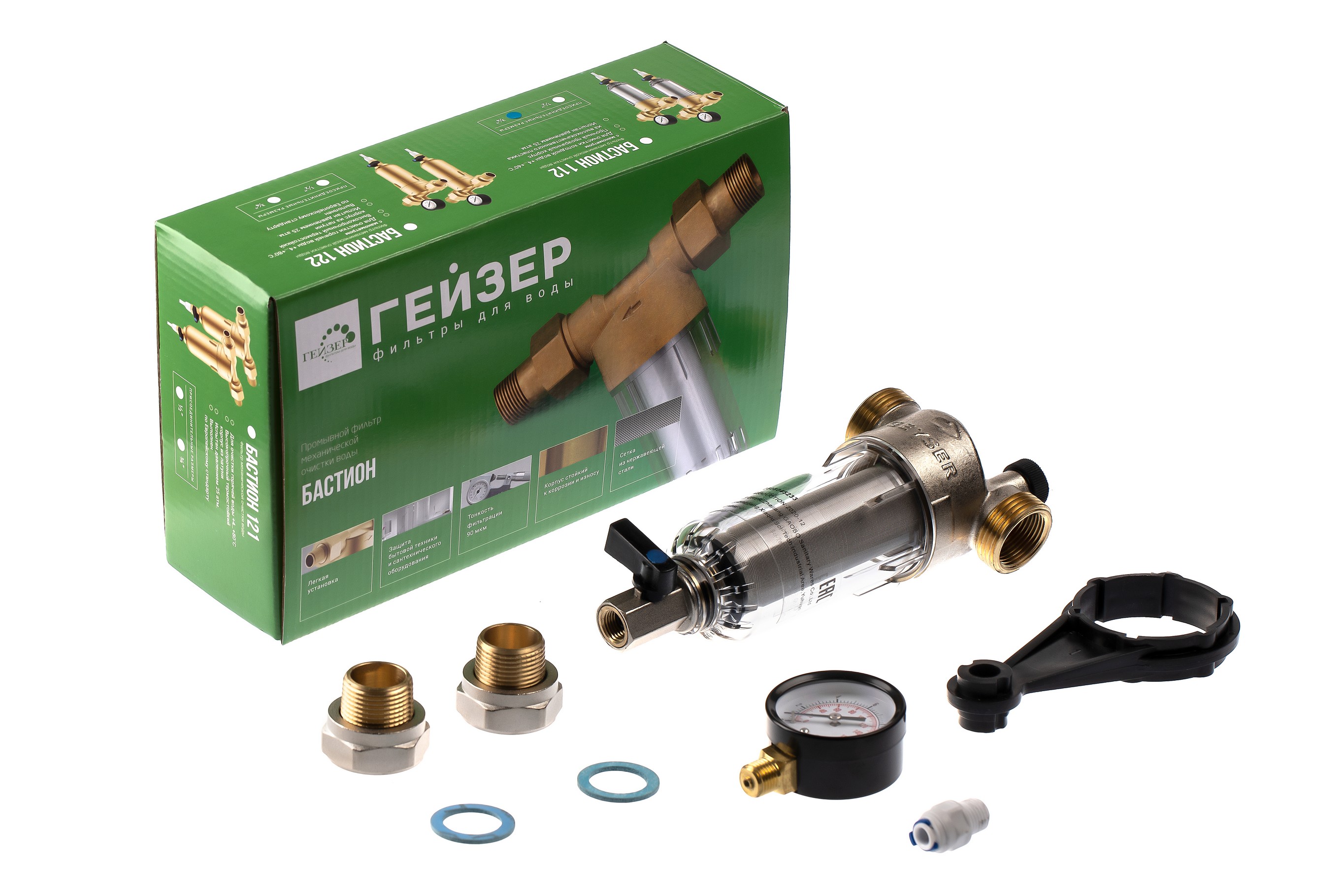 Магистральный сетчатый фильтр Гейзер Бастион 112 3/4 с манометром (d60)