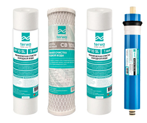Комплект картриджей Terwa для обратного осмоса (PP5 + CB + PP1 + мембрана 75)